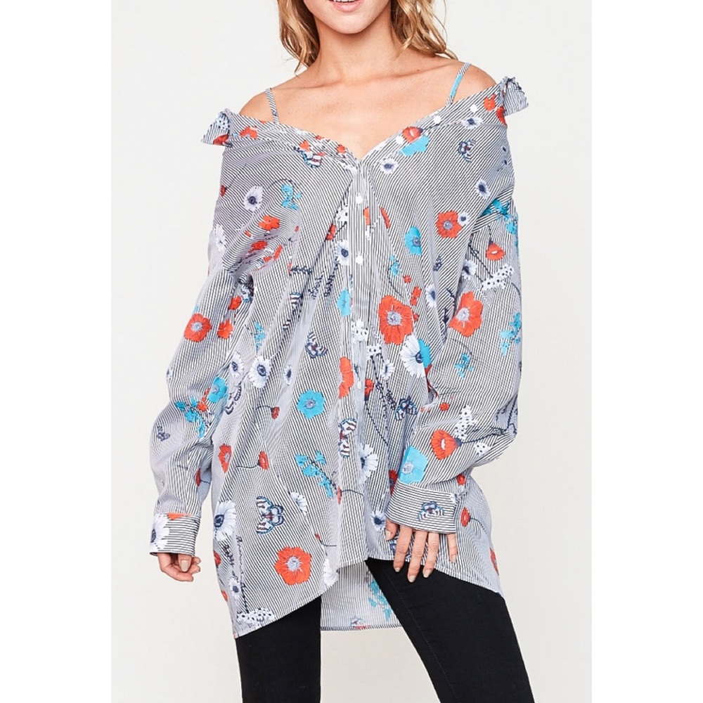Oversized Off The Shoulder Button Up